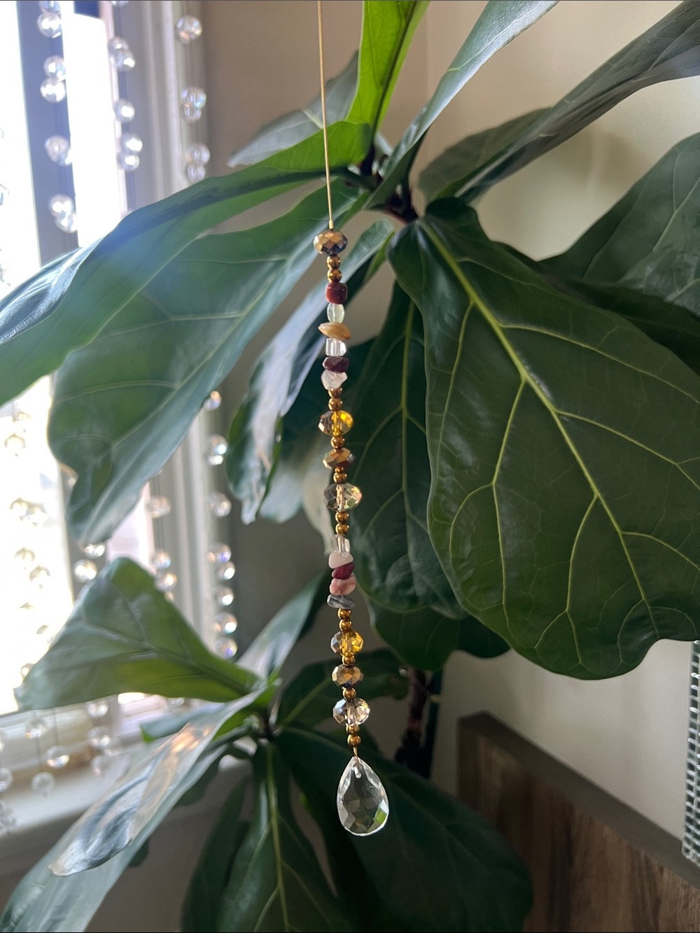 Gold and Pink Beaded Crystal Sun Catcher/ Car Accessories